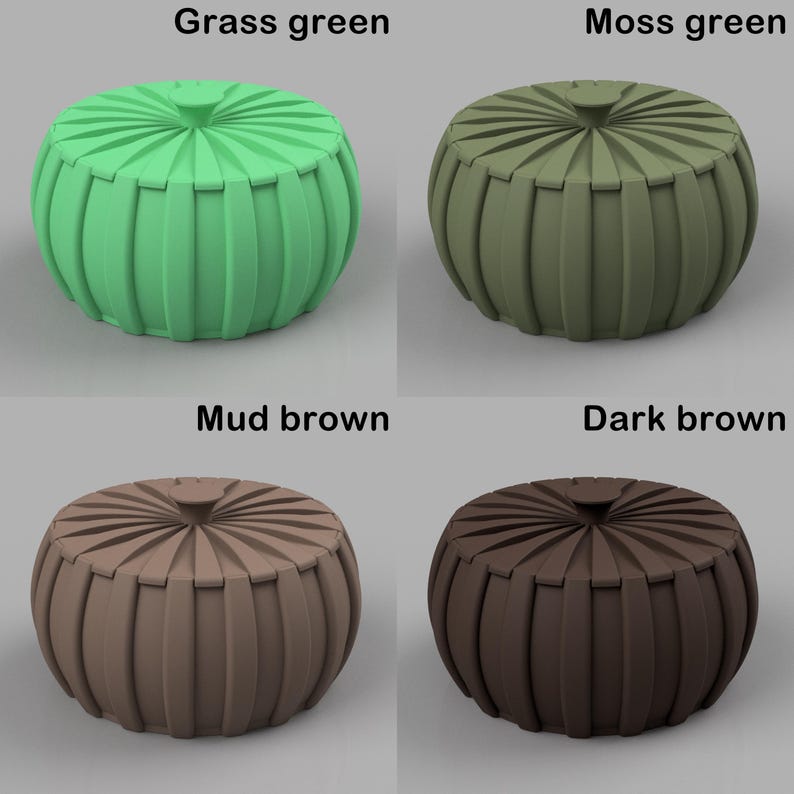 May include: Four round, decorative poufs in grass green, moss green, mud brown, and dark brown. Each pouf has a ribbed design and a central, button-like detail on top. The text labels each color.