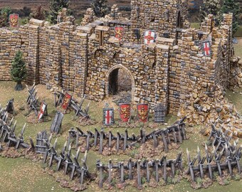 Conjunto de cavalo de frisa e pavês • Série Throne and Ash da www.printablescenery.com • Terreno modular impresso em 3D • RPG de mesa