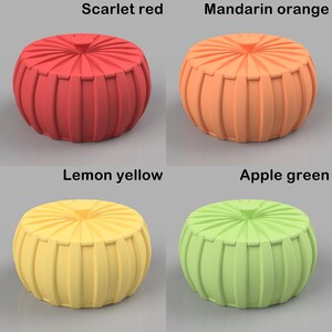 May include: Four decorative poufs in scarlet red, mandarin orange, lemon yellow, and apple green. Each pouf has a ribbed design and a rounded shape. The text above each pouf indicates its color.
