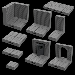 Puede incluir: Un conjunto de piezas de terreno de mazmorra modulares grises. El conjunto incluye paredes, suelos, una puerta y una abertura arqueada, todo con textura de ladrillo. Ideal para juegos de mesa.