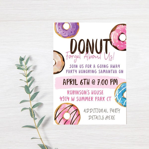 Donut Forget About Us Invitation, Going Away Party Invite, Donut Party invitation, Moving Away Party Invitation