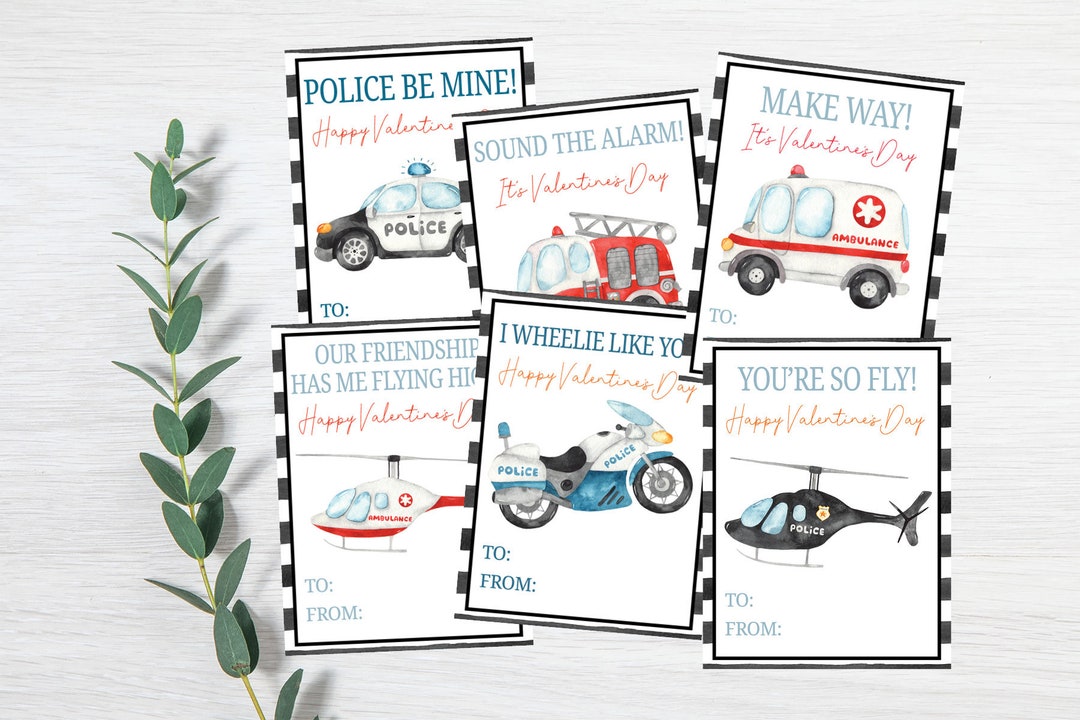 PRINTABLE Firetruck Valentines, Kid Class Valentine, Police Car ...