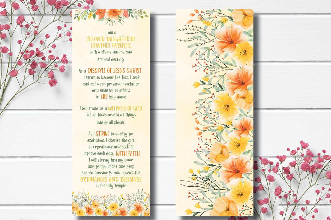 PRINTABLE Young Women Theme Bookmark, LDS Yw Theme Bookmark, LDS Gift ...