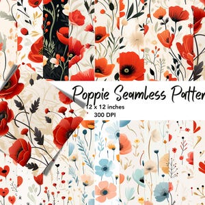 Red Poppies 22 Seamless Patterns | Commercial Use | Digital Paper Pack | Floral Digital Background | Scrapbook Paper | Cards | Journal