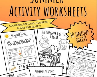 May include: A set of 30 printable summer-themed activity worksheets for kids. The worksheets include coloring pages, mazes, tracing activities, and word puzzles. The worksheets feature summer-themed images such as ice cream, lemonade, and a dolphin.
