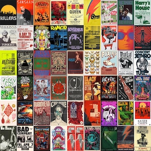 May include: A collection of vintage concert posters featuring various bands and artists. The posters showcase a variety of graphic styles, colors, and fonts, with band names and event details prominently displayed. The posters are arranged in a grid, creating a visually dynamic display.
