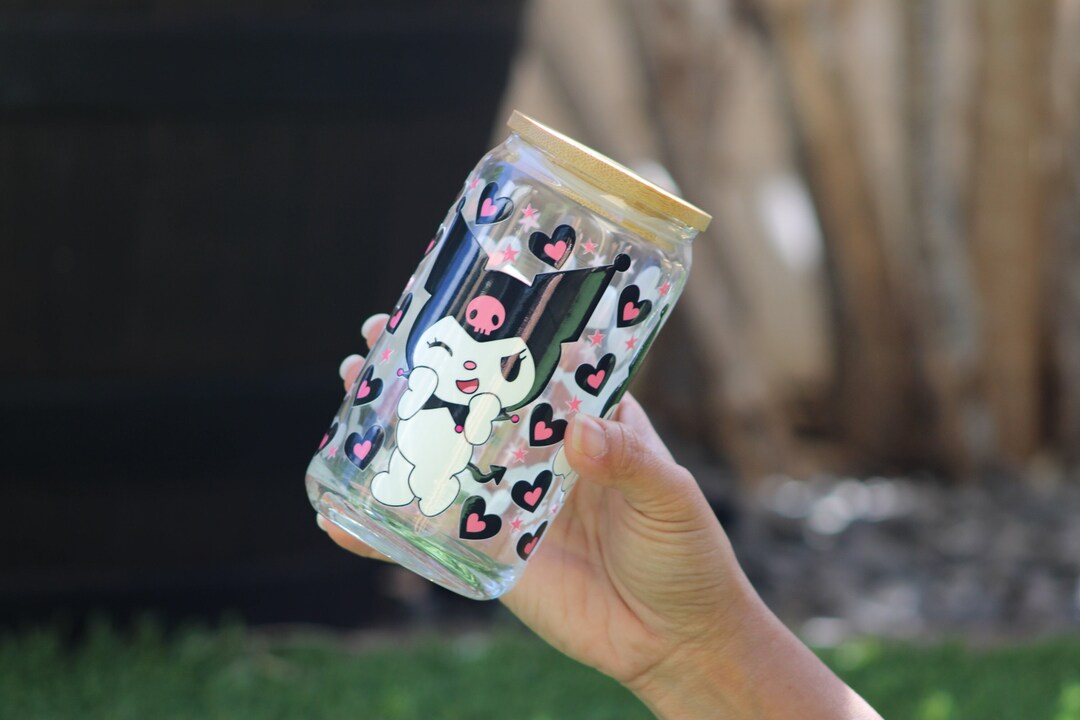 Cute Glass Cup Lid Straw Kawaii Kuromi Etsy