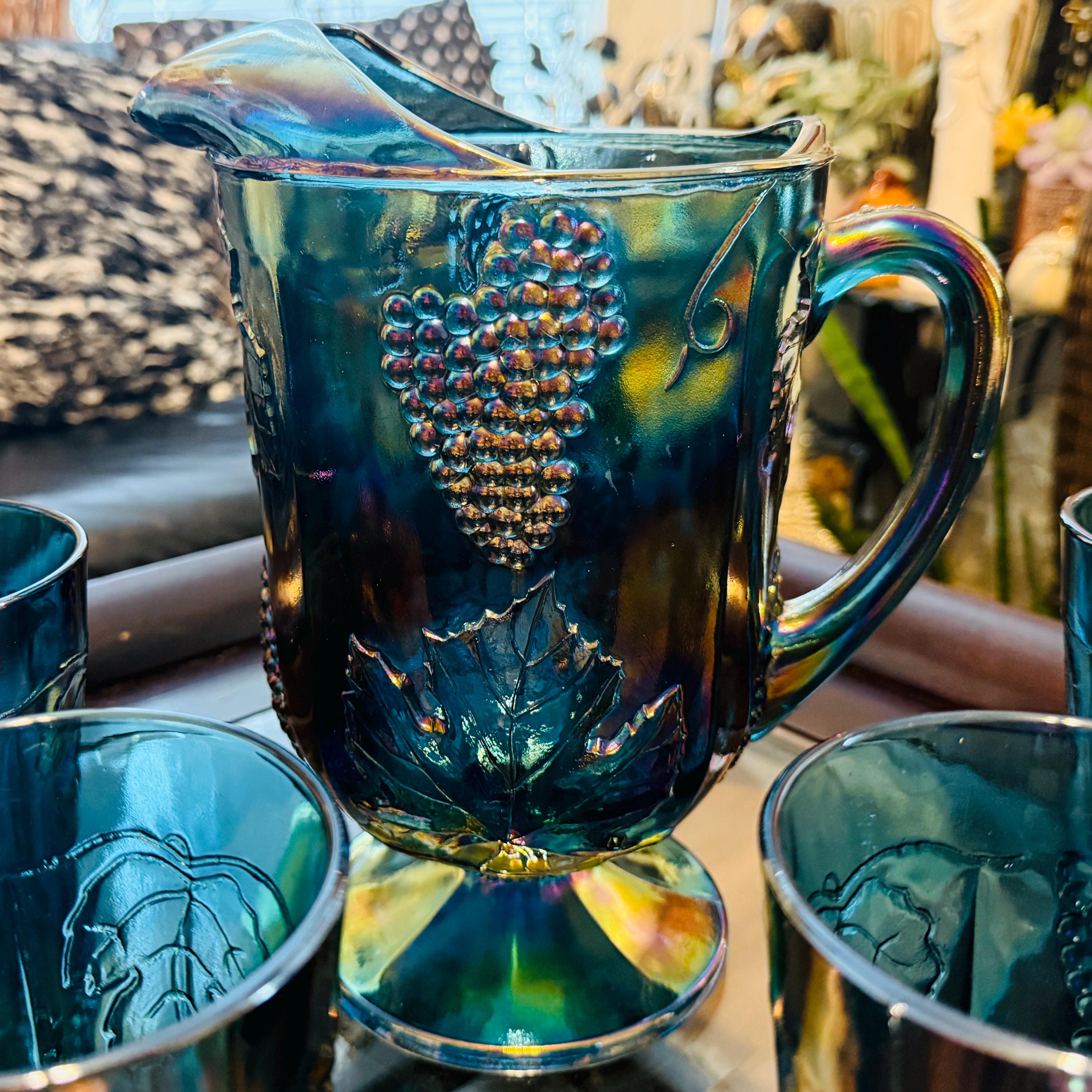 Vintage Indiana Glass Blue Carnival Harvest Grape Set | 6-piece