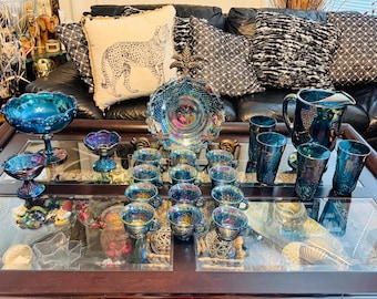 Vintage Indiana Glass Blue Carnival Harvest Grape Set | Pitcher, Tumblers, Compote, Plate, Candle Holders & Oval Bowl | Iridescent Retro