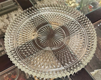 Vintage 1970s Indiana Glass Clear Diamond Point Torte Plate/ Serving Tray - Classic Glassware Collectible