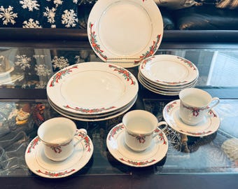 Poinsettia & Ribbons Fine China Dinnerware 15 Piece Set Christmas Holiday Plates Cups Festive Table Setting Vintage China Set
