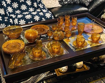 Vintage Tiara Crystal Sandwich Amber Glass 39-Piece Dinnerware Set – Plates, Bowls, Decanter, Cordial Glasses & More