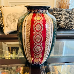 Vintage Florentine Style Porcelain Vase | Red, Green & Gold Decorative Jar | Italian Baroque Home Decor | Ornate Ceramic Accent Piece