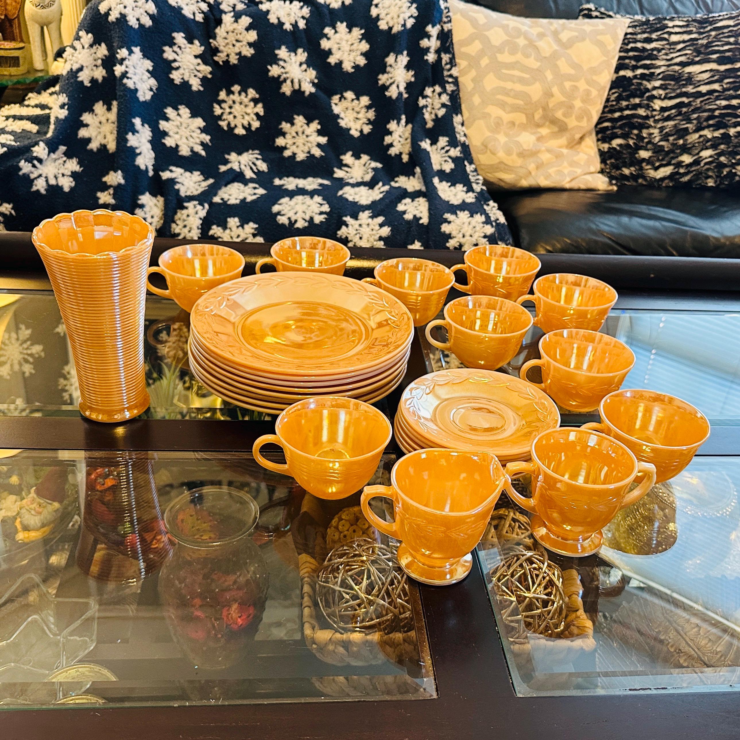 Vintage Fire-King Swirl Peach Lustre 25-Piece Dinnerware Set – Plates, Cups, Saucers, Creamer, Sugar, & Vase
