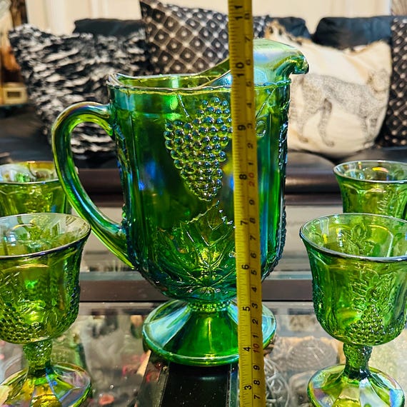 Vintage Indiana Glass Green Carnival Glass Pitcher & Goblet Set - Etsy