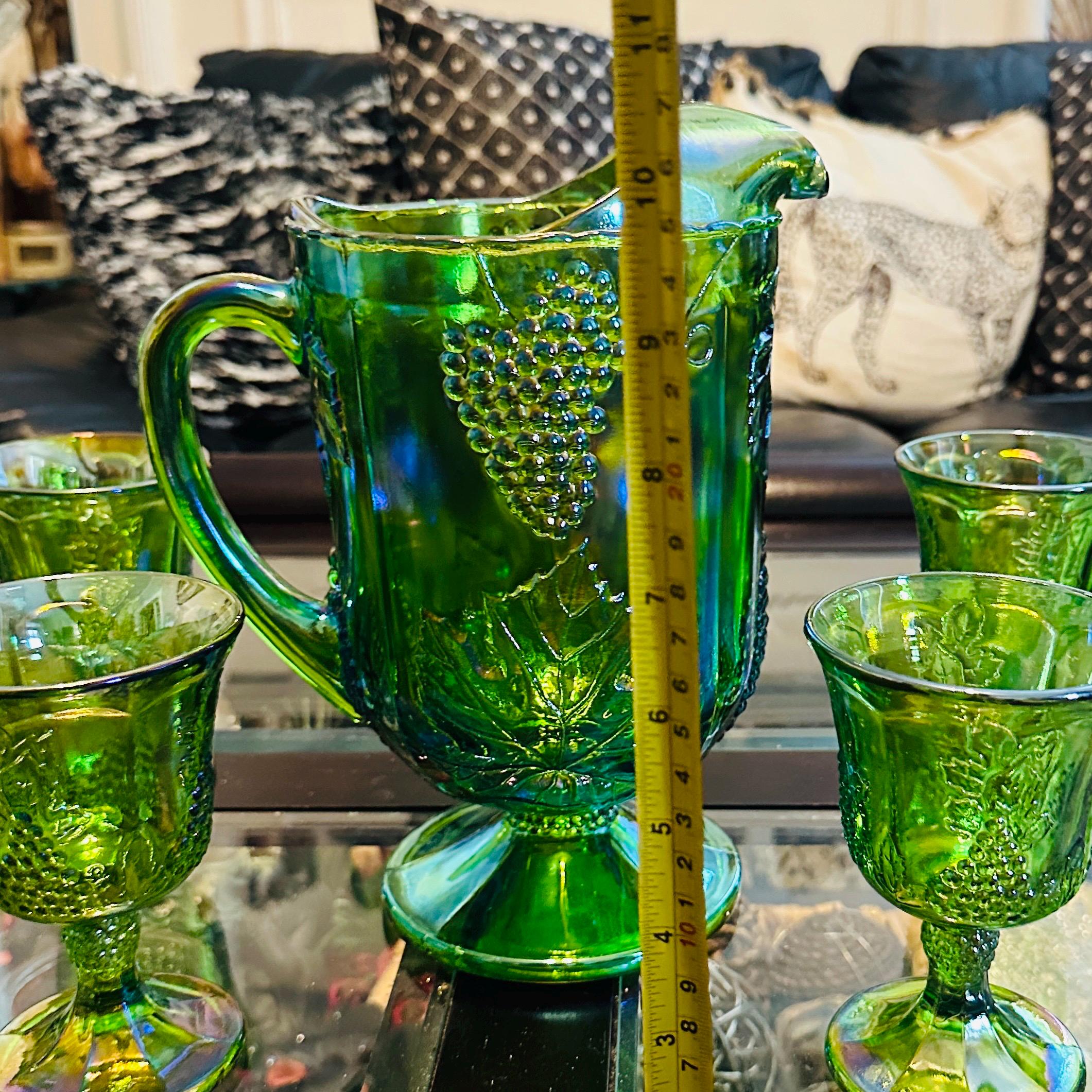 Vintage Indiana Glass Green Carnival Glass Pitcher & Goblet Set - Etsy