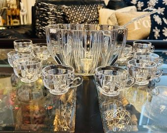 Vintage Fostoria Sunray Clear Punch Bowl Set with 10 Cups – Elegant Depression Glass Serving Set