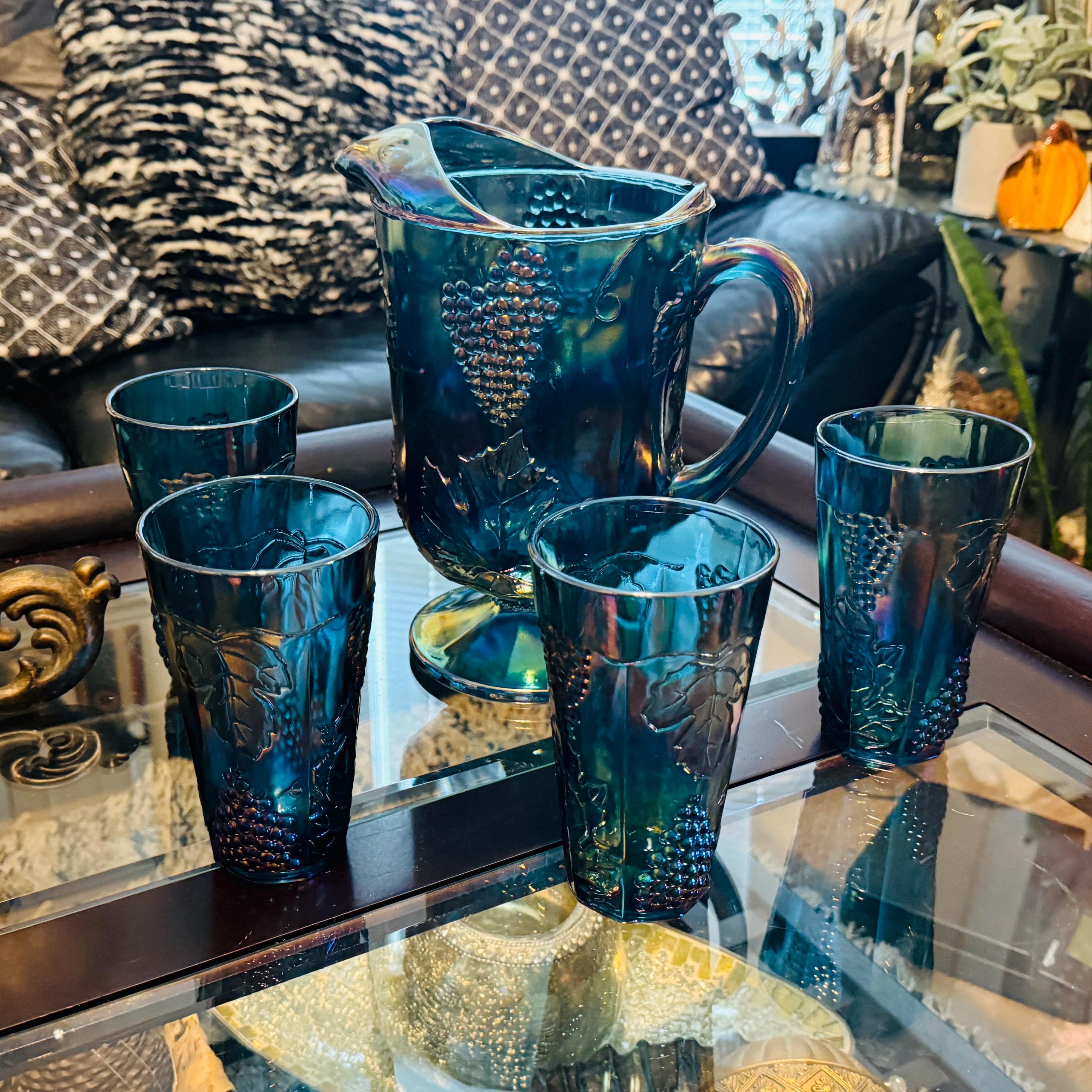 Vintage Indiana Glass Blue Carnival Harvest Grape Set | 6-piece