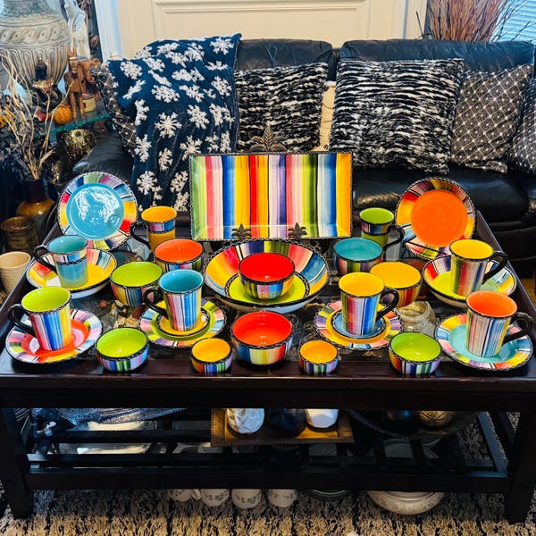 Certified International Serape Nancy Green Dinnerware Set – Southwestern Boho Plates Bowls Colorful Stripe Farmhouse Kitchen Decor