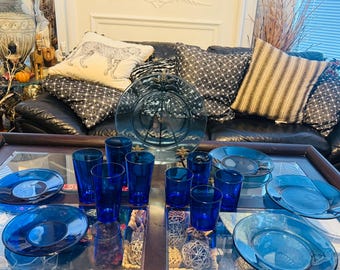 Vintage Cobalt Blue Glassware Libbey Highball & Lowball Glasses Retro Blue Dinner and Salad Plates, Serving Platter – Mid Century Set of 32