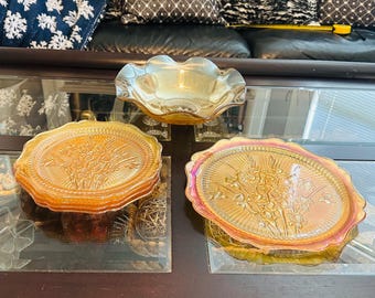アーチ型 ステンドグラス鏡 ジュエルガラス11個装飾 アンティーク 希少 Vintage Jeannette Iris Herringbone Marigold Carnival Glass Set - Etsy
