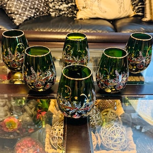Green with gold trim wine glasses - Etsy 日本