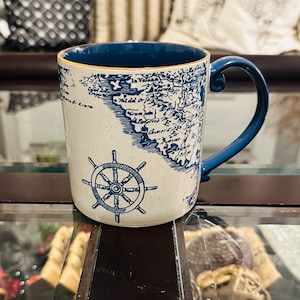 Mug à café, carte côtière de l'océan, tasse en céramique sur le thème maritime, cadeau pour amoureux de la plage, décoration pour marin et bateau