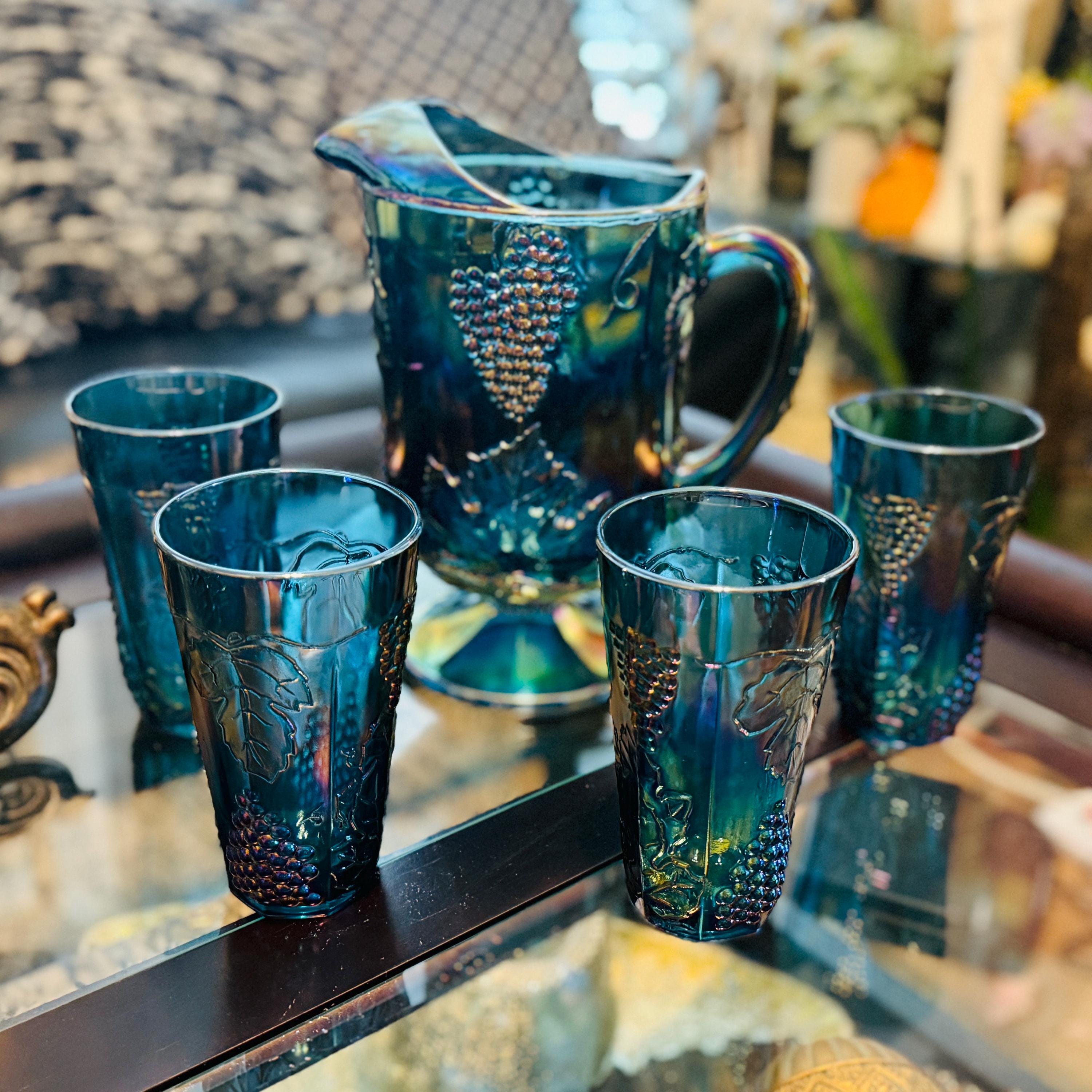 Vintage Indiana Glass Blue Carnival Harvest Grape Set | 21-piece