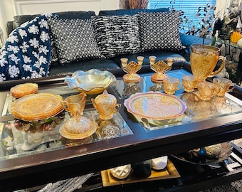 20-Piece Jeannette Iris and Herringbone Marigold Carnival Glass Set – Depression Glass Plates, Bowl, Pitcher, Butter Dish, Cream & Sugar