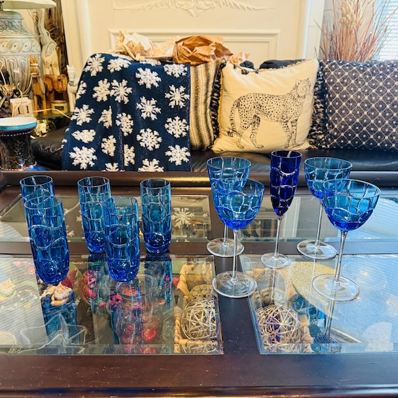 Rare Colle Italy Blue Cut Crystal Glassware Set: CC03, 24% Lead 
