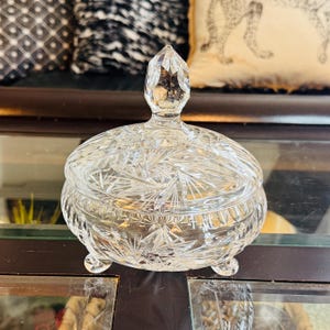 Antique American Brilliant Cut Crystal Candy Dish with Lid: Starburst Pattern