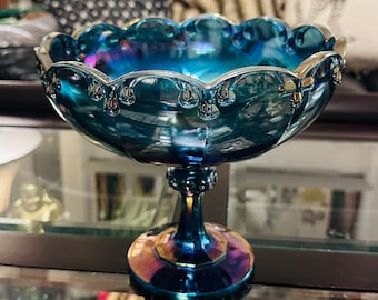 Vintage Indiana Iridescent Blue Carnival Glass Compote Bowl | Stunning Handcrafted Home Decor Piece