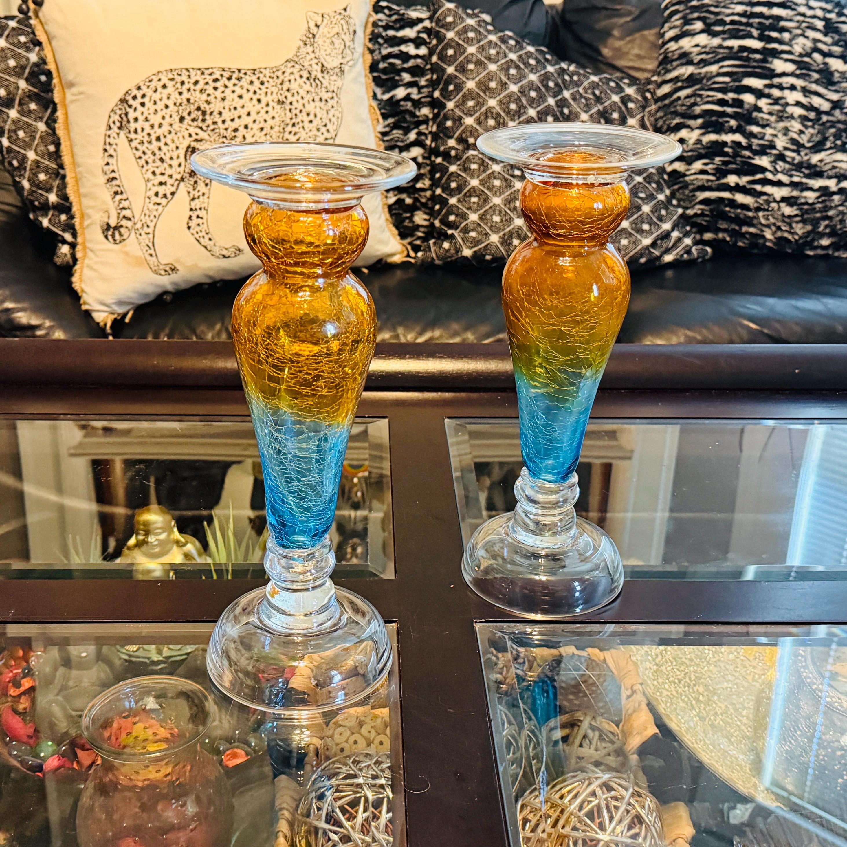 ヴィンテージアクア＆アンバークラックルガラスキャンドル