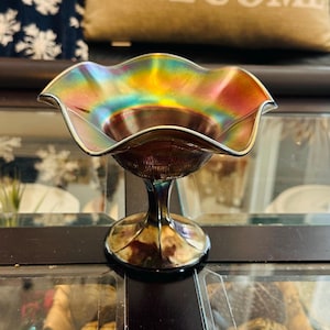 Antique Northwood Amethyst Carnival Glass Compote – Iridescent Ruffled Pedestal Candy Dish