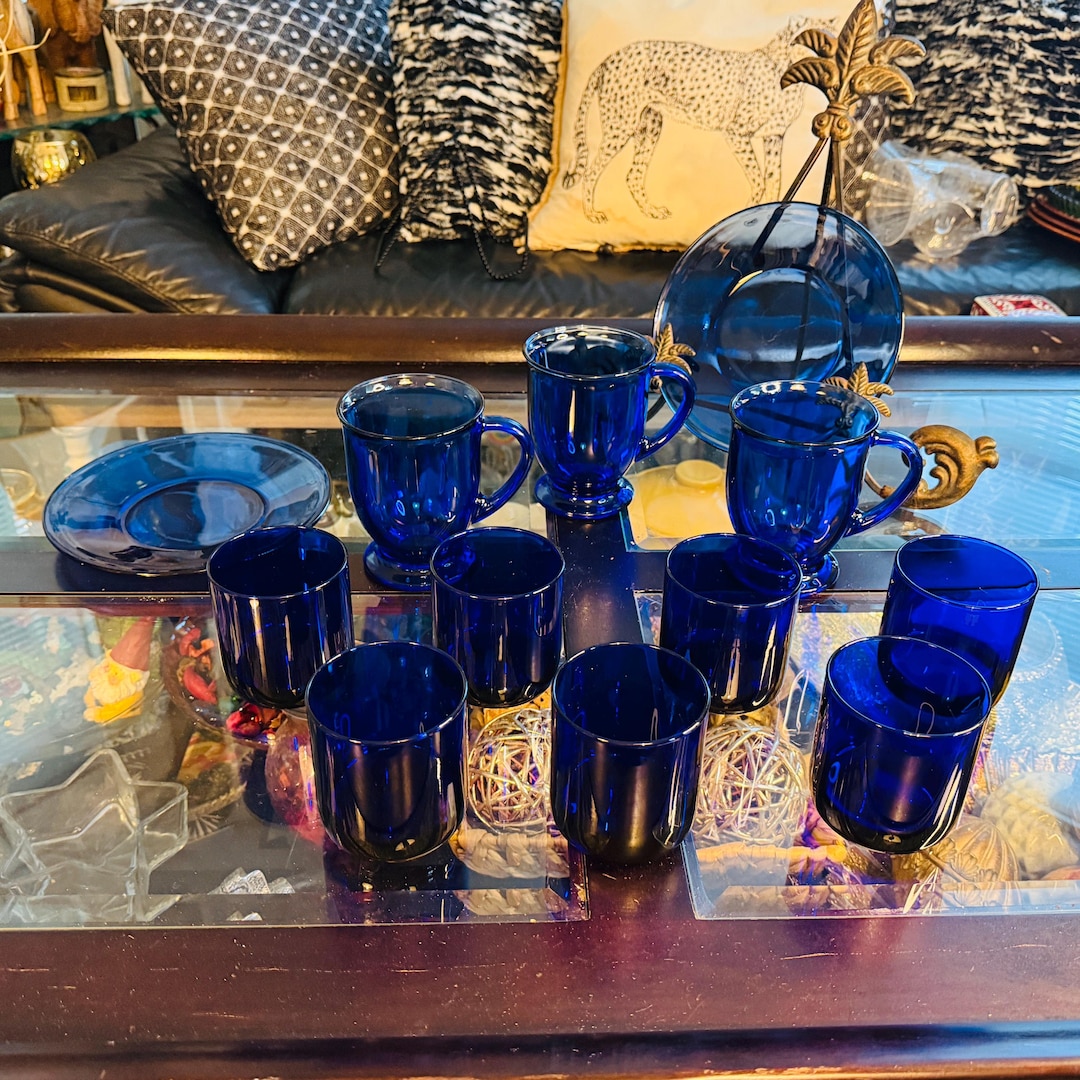 Vintage Cobalt Blue Glassware Set: Anchor Hocking Mugs, Libby