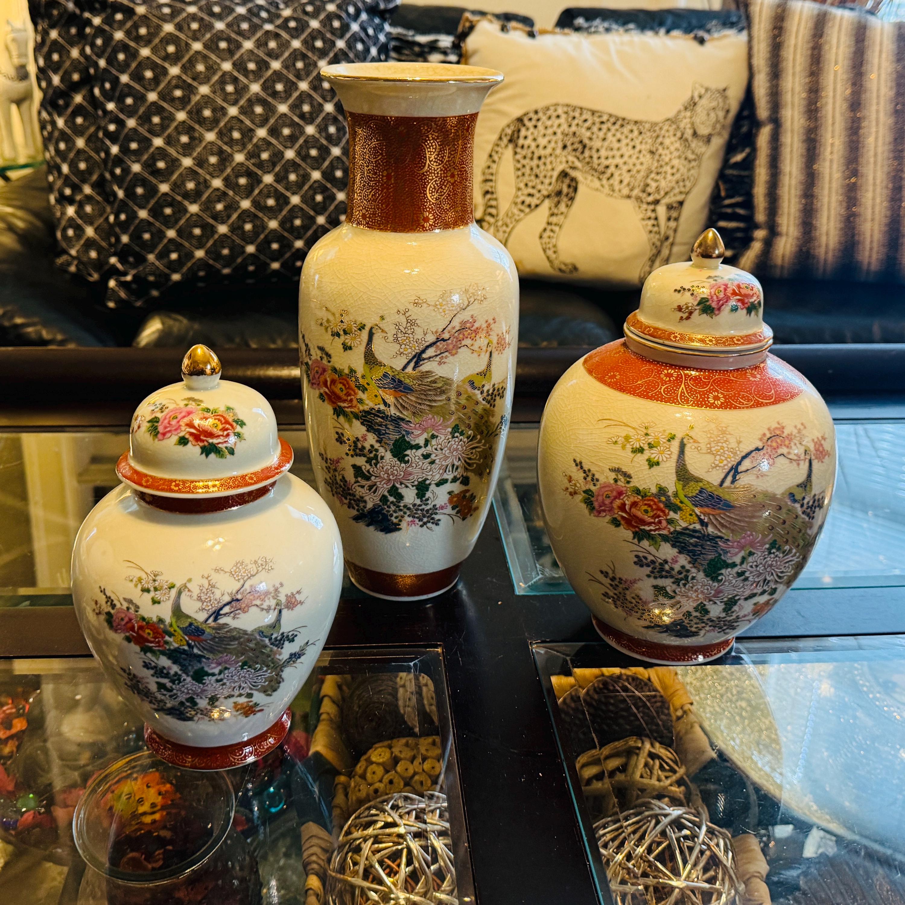 Vintage Japanese Satsuma Porcelain Vases With a Peacock and Floral