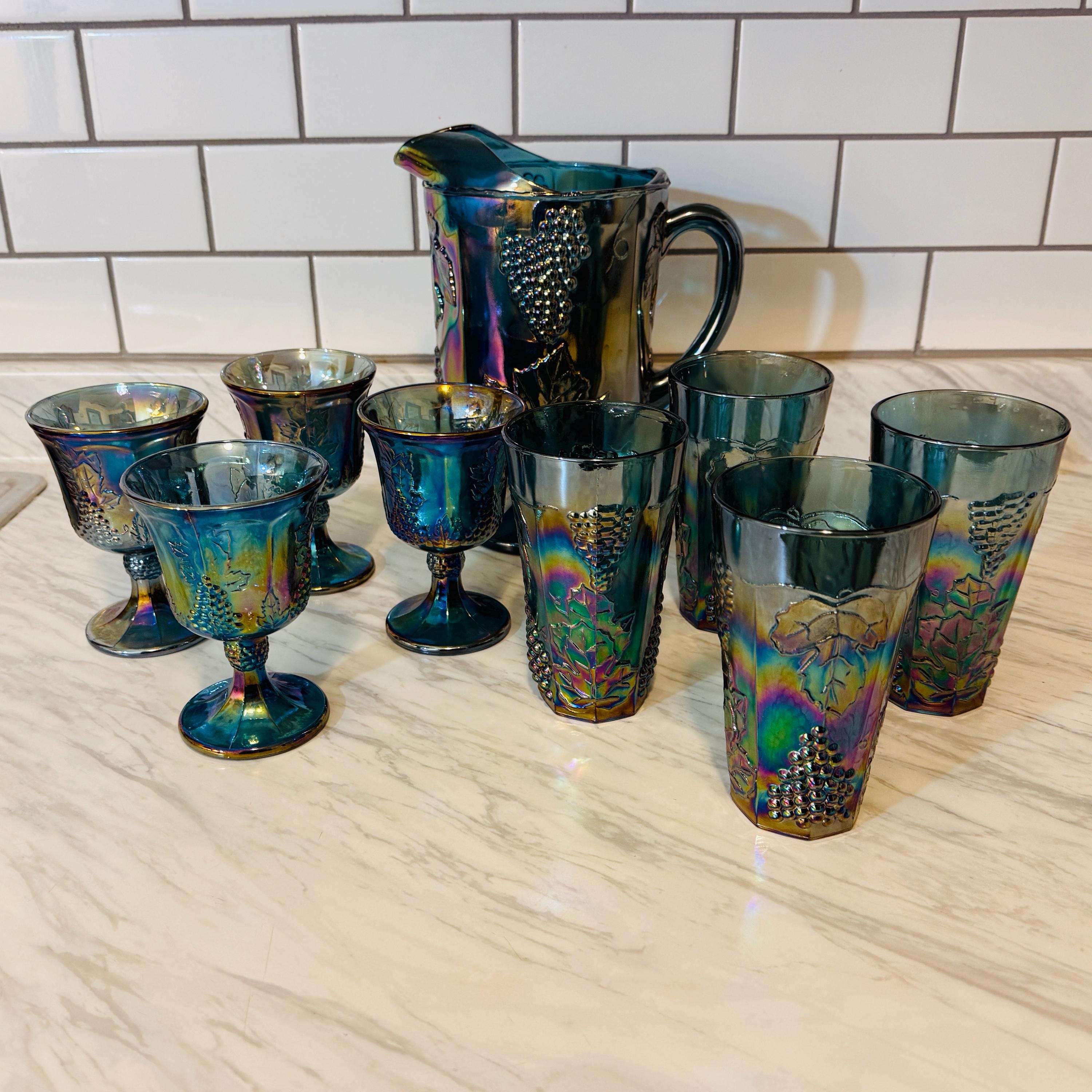 Vintage Indiana Glass Blue Harvest Grape Carnival Glassware Set