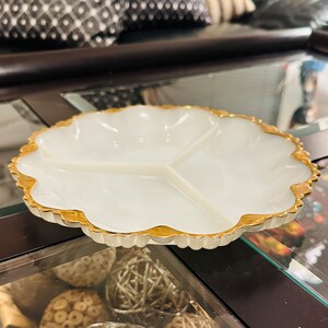 Vintage 10” Milk Glass Serving Platter with Gold Trim – Round White Glass Plate, Elegant Gold Edge, Mid-Century Tableware