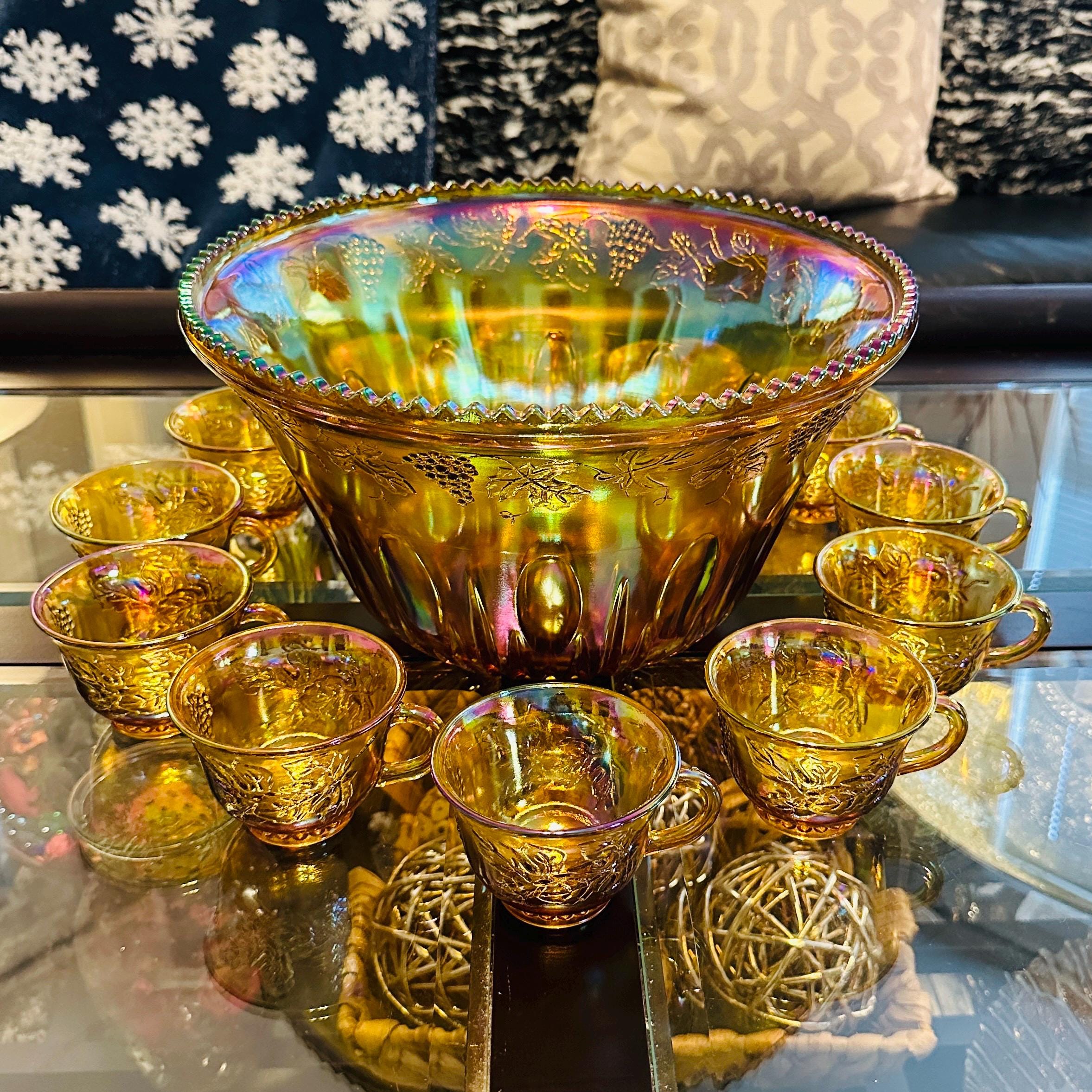 Vintage Indiana Glass Marigold Carnival Glass Punch Bowl Set - 12