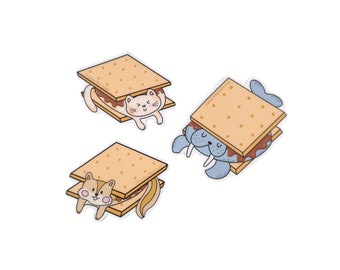 S'more Cat, Walrus, & Chipmunk Set of 3 - Cute Animal Stickers for Laptop, Water Bottle, Journaling, MacBook, Computer, Phone, Kindle Gifts