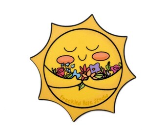 Smiling Sun Holding Flowers Sticker | Sunshine State of Mind | Cute Positivity Gift Sticker | Water Bottle Sticker | Granola Girl Aesthetic