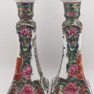 GORGEOUS Vintage Pair of Famille Rose Candlesticks