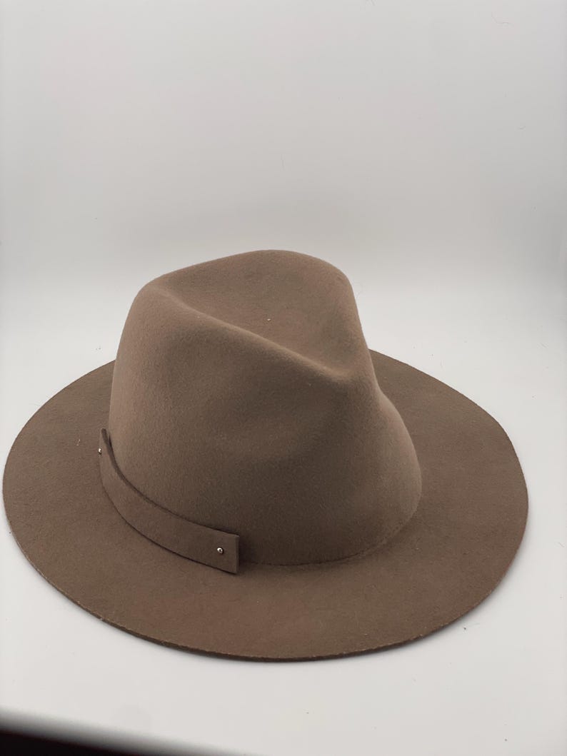 Puede incluir: Un sombrero fedora marr&oacute;n con ala ancha y una banda alrededor de la corona. El sombrero est&aacute; hecho de un material suave y tiene un dise&ntilde;o cl&aacute;sico. La banda est&aacute; asegurada con peque&ntilde;as remaches met&aacute;licos.