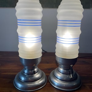 Vintage Art Deco Chrome Skyscraper Lamps: Ribbed Frosted Blue Shades