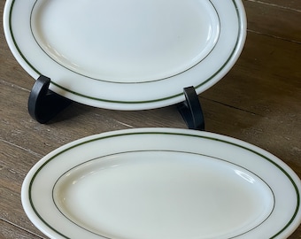 2 Vintage PYREX Double Tough Green Rings 11.5" x 8" Oval Plate