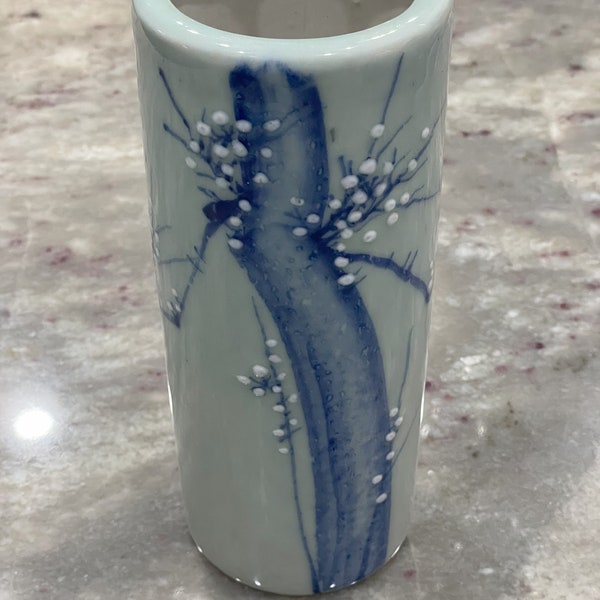 Celadon Green Moriage Vintage Japanese Blue White Cherry Blossoms Vase