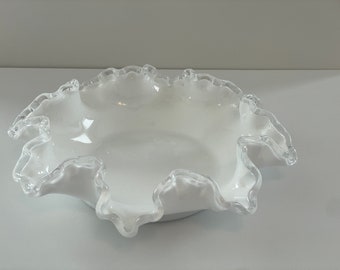 Vintage Fenton Silver Crest Milk Glass 8" Footed Double Crimped Bowl