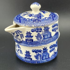 May include: A blue and white ceramic teapot with a lid. The teapot features a classic Willow pattern design with pagodas, trees, and bridges. The spout is on the side, and the handle is not visible. The teapot is on a black background.