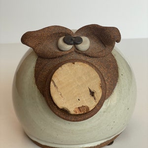May include: A ceramic piggy bank with a brown glaze and white accents. The piggy bank has a cork stopper for the coin slot and features two large eyes with black pupils.