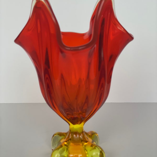 Viking Amberina Glass 11.75” EPIC Persimmons 4 Finger Swung Vase 4 Toed Base